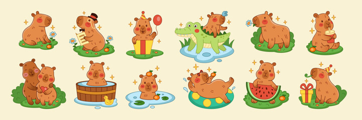 Capybara cute cartoon. Animal funny birthday. Baby illustration happy rodent in different actions. Smile pet sticker. Character zoo kawaii, emotion mascot comic creatures. Vector tidy isolated set