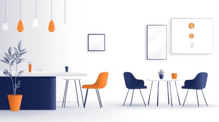 A crisp, minimal 2D illustration showing a corporate break room with navy and orange accents. Representing HR and staff recognition. Remininisant of team cultures. Design is flat modern and abstract, 