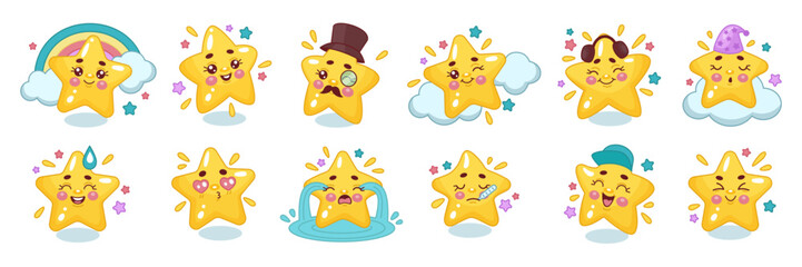 Cartoon star. Children character different emotions and actions. Space game mascot. Cute stellar face. Cosmic twinkle little emoji. Kawaii style. Baby twinkle icon. Vector comic illustration tidy set