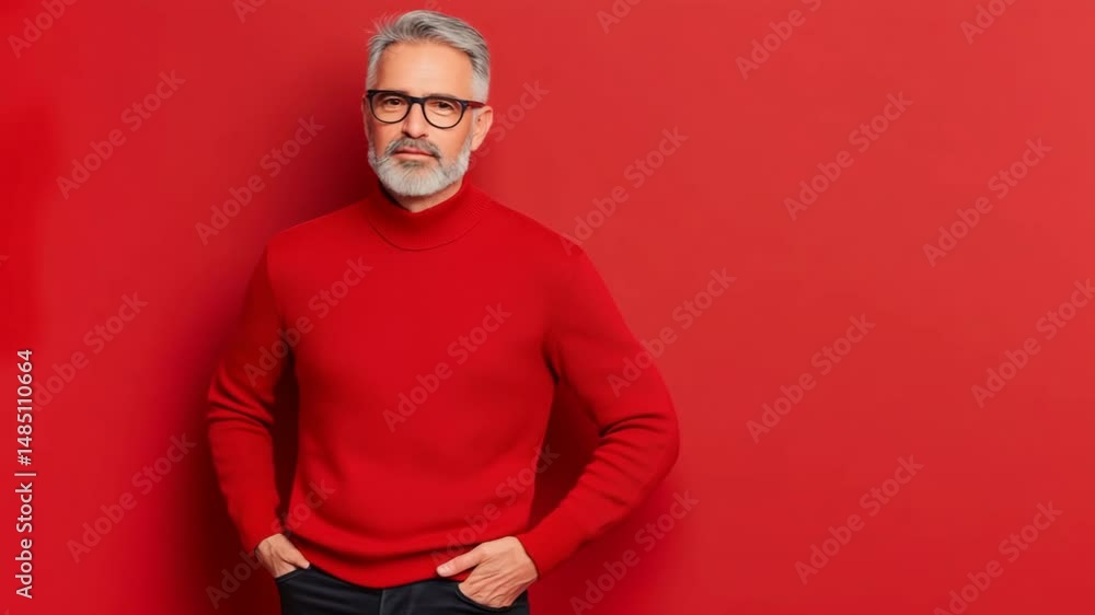 Poster a man in a red sweater is smiling and posing for a picture. the red background adds a warm and invit