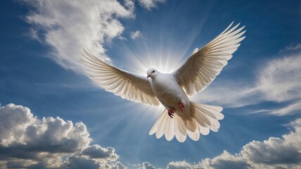 Fototapeta premium Majestic white dove soars through a radiant blue sky with sunlight shining through its wings, symbolizing peace, purity, and spiritual freedom in a heavenly atmosphere