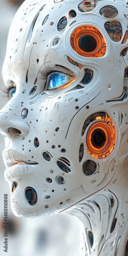 Poster portrait of a futuristic robot with intricate details and glowing elements