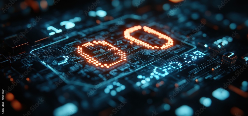 Poster digital countdown: futuristic circuit board with glowing 00 display