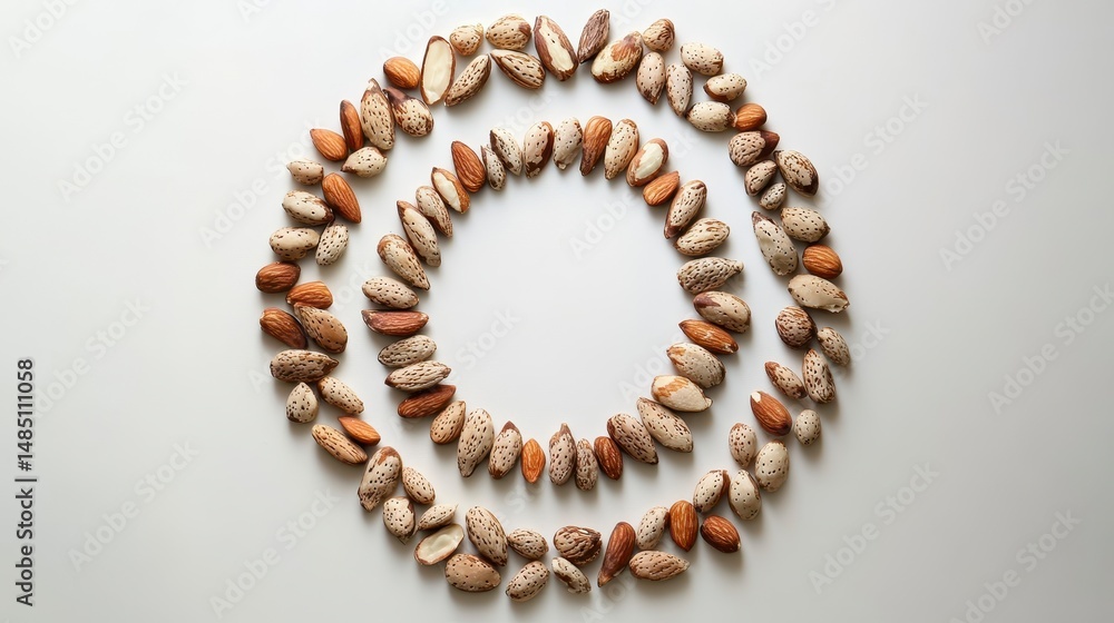 Poster almonds arranged in two concentric circles on a white background, creating a frame.