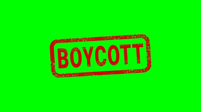 Appearance of a dirty red stamp mark "BOYCOTT" surrounded by a rounded frame  from above on a green screen with alpha channel