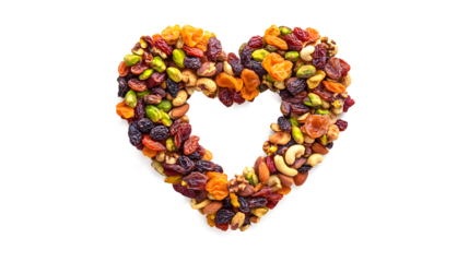 Heart shape made from dry fruits, including pistachio, isolated on a white background