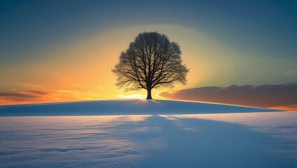 Winter trees stand in a cold, snowy landscape under the soft light of sunrise or sunset against the winter sky