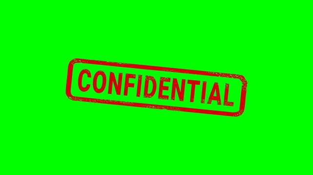 Appearance of a dirty red stamp mark "CONFIDENTIAL" surrounded by a rounded frame  from above on a green screen with alpha channel