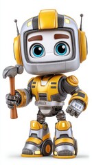 Cute 3D Rendered Robot Holding a Hammer on White Background