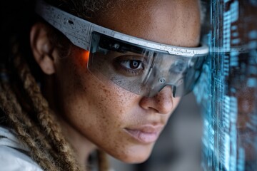 Focused african female engaging with futuristic holographic interface technology