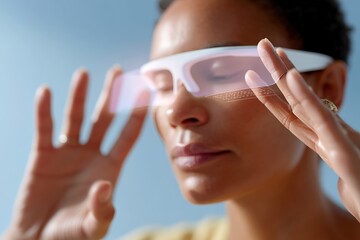 African female engaging with augmented reality via futuristic glasses