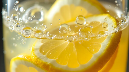 Translucent Lemon Slices Being Stirred in Homemade Lemonade Capturing Swirling Motion as They Spin Among Ice Cubes with Thousands of Tiny Bubbles
