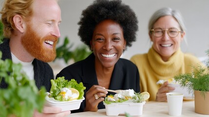 Diverse friends enjoying healthy vegan meal together in relaxed setting