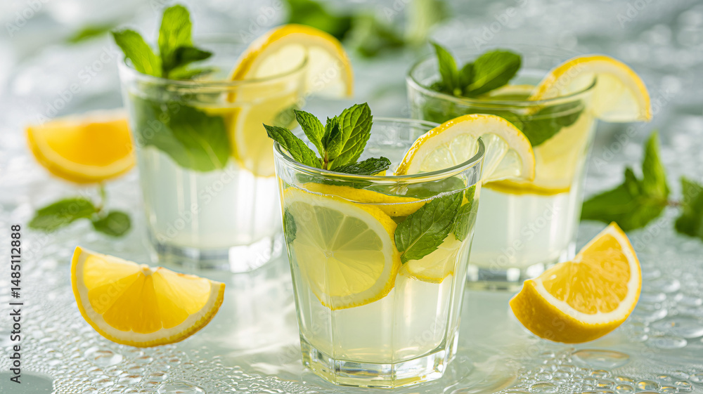 Poster refreshing lemonade drinks with lemon and mint isolated on transparent background