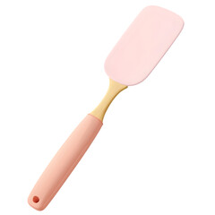Vibrant pink spatula with a light wooden handle is depicted against a deep crimson background.  The object is angled in a dynamic position.