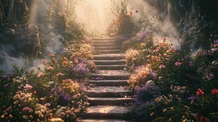 Serene stone staircase in a lush floral garden illuminated by golden sunlight and magical haze