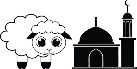 cute-cartoon-sheep-and-mosque--clean-white-background