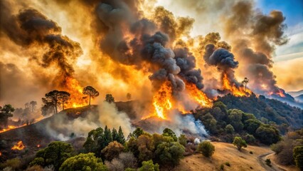 Fototapeta premium Smoldering wildfires engulf dry underbrush near Los Angeles , destruction, growth, destruction,growth,California,nature,rubble,flames