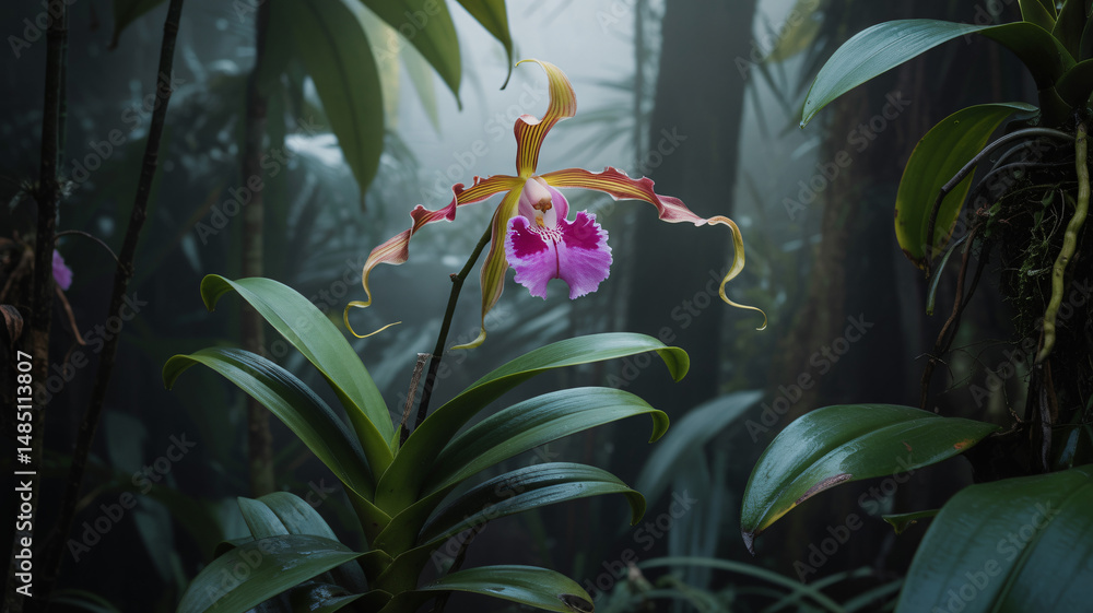 Poster rich dense foliage and plants create a serene atmosphere with various types of leaves and soft mist