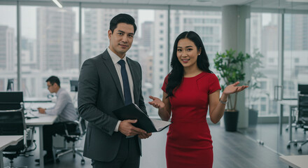 Confident business colleagues present project modern office setting neutral background