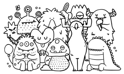 Monster doodle composition. Drawn hand cartoon smiling aliens for party. Simple style abstract emotions animal. Alien teenage comic character outline, mutant poster. Vector line sketch illustration