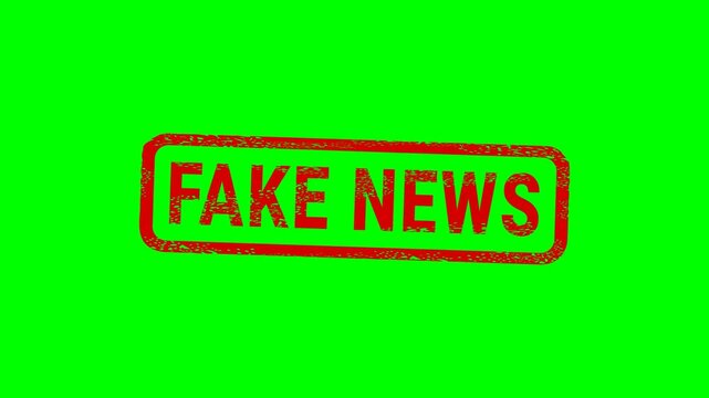 Appearance of a dirty red stamp mark "FAKE NEWS" surrounded by a rounded frame  from above on a green screen with alpha channel