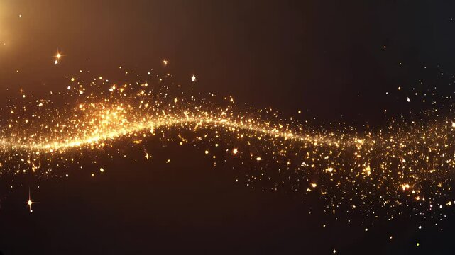 bright gold glittering particles trail on dark brown background, festive magic dust