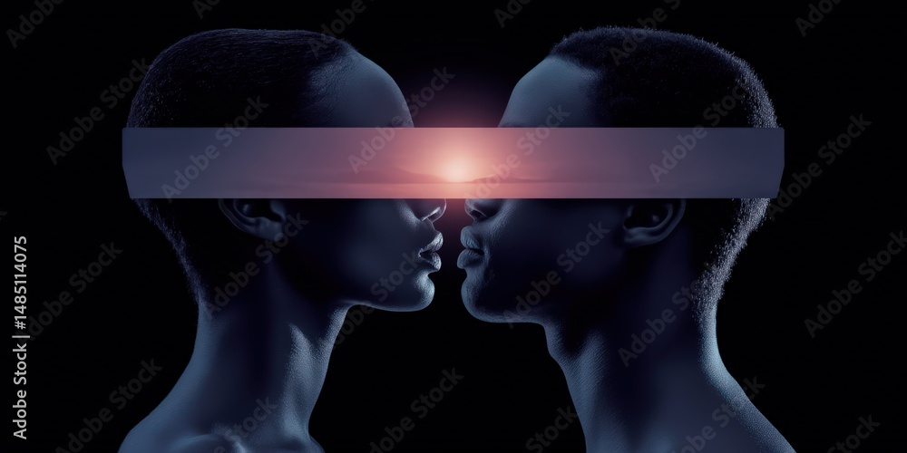 Poster two ethereal figures with interlocked lips display a striking visual connection as a sunset horizon 