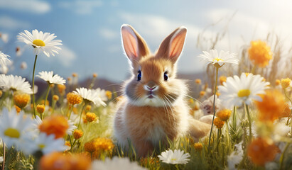 Adorable small rabbit on colorful spring meadow with blooming flowers under bright daylight perfect for Easter or springtime themes