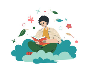 Man read book. Clever boy sitting on cloud and reading, imagination and inspiration literature. Bookworm character. Students education and knowledge. Vector cartoon flat style isolated illustration