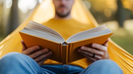 Relaxing in a hammock while reading a book during a sunny afternoon in a tranquil forest setting