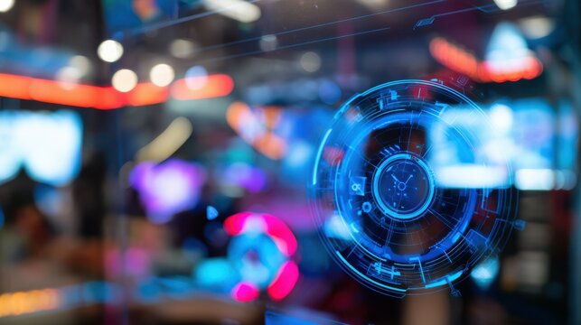 Futuristic clock interface displaying time in digital environment