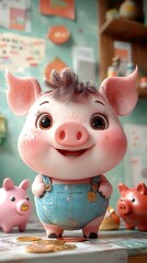 Obraz premium Playful Piglet's Portrait: A heartwarming portrait of a cute, cartoon piglet with big, expressive eyes, radiates charm and innocence in a soft-lit setting. The joyful piglet stands amidst piggy banks.