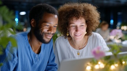 African male and caucasian female professionals collaborating on laptop in office setting