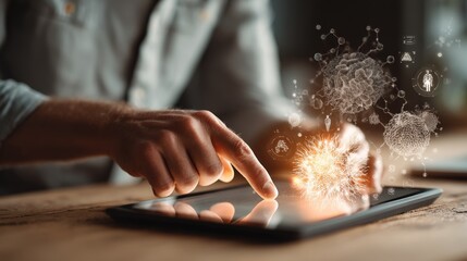 Person interacting with digital hologram on tablet displaying molecular structures