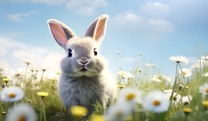 Adorable small rabbit on colorful spring meadow with blooming flowers under bright daylight perfect for Easter or springtime themes