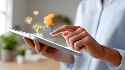 Female using tablet with digital effects and holograms in modern tech environment