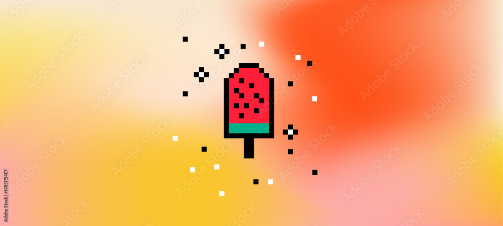 Poster abstract juicy summer gradient background with simple and fun watermelon ice cream pixel element. ye