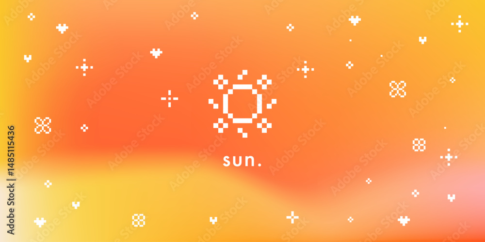 Poster abstract sunny summer sky gradient background with pixel sun and sparkle elements. heat wave vector 
