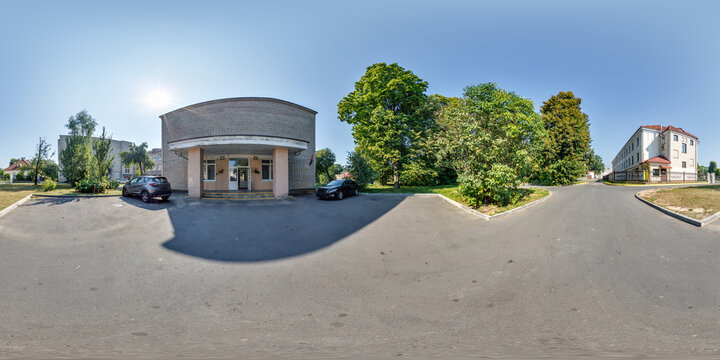 360 hdri seamless spherical panorama near parking of student dormitory multistory building area or urban development in equirectangular projection, AR VR content