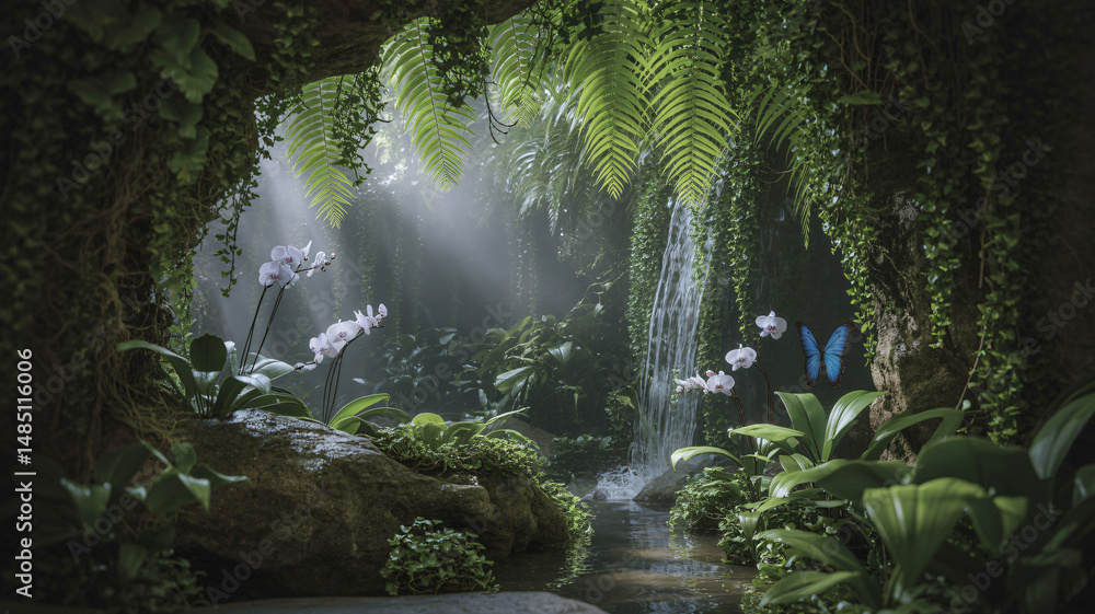 Aufkleber rich dense foliage and plants create a serene atmosphere with various types of leaves and soft mist