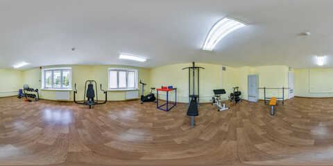 hdri 360 panorama in interior gym with exercise machines in spherical equirectangular projection.