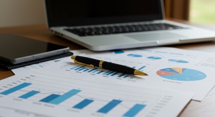 Business analysis with charts and pen representing data interpretation and financial review