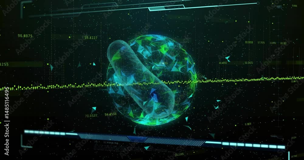 Poster translucent capsule passing through wireframe sphere, blue fragments and numeric waveform moving