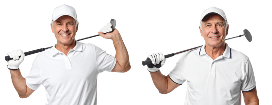 Smiling Older Golfer Holding Club After Shot, Isolated on White Background - Powered by Adobe