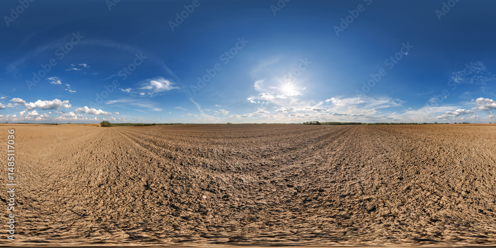 Wall mural hdri 360 panorama on farming fields with tire tracks in equirectangular full seamless spherical proj