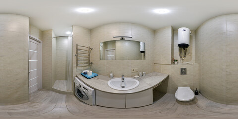 seamless 360 hdri panorama in interior of toilet with shower cabin and wall mount attachment in elite bathroom in equirectangular projection. VR AR content