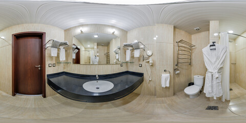 seamless 360 hdri panorama in interior of toilet with shower cabin and wall mount attachment in elite bathroom in equirectangular projection. VR AR content