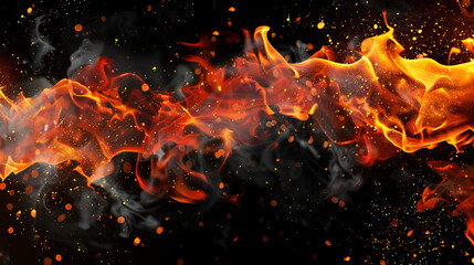 Intense fire flames blazing against dark black background perfect for danger heat energy and dramatic themed visuals