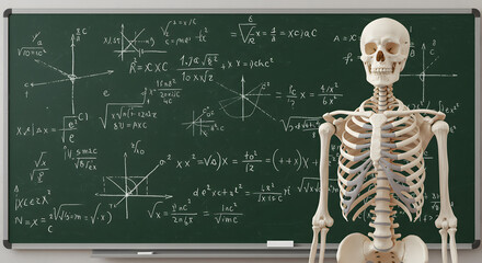 Skeleton next to chalkboard with equations